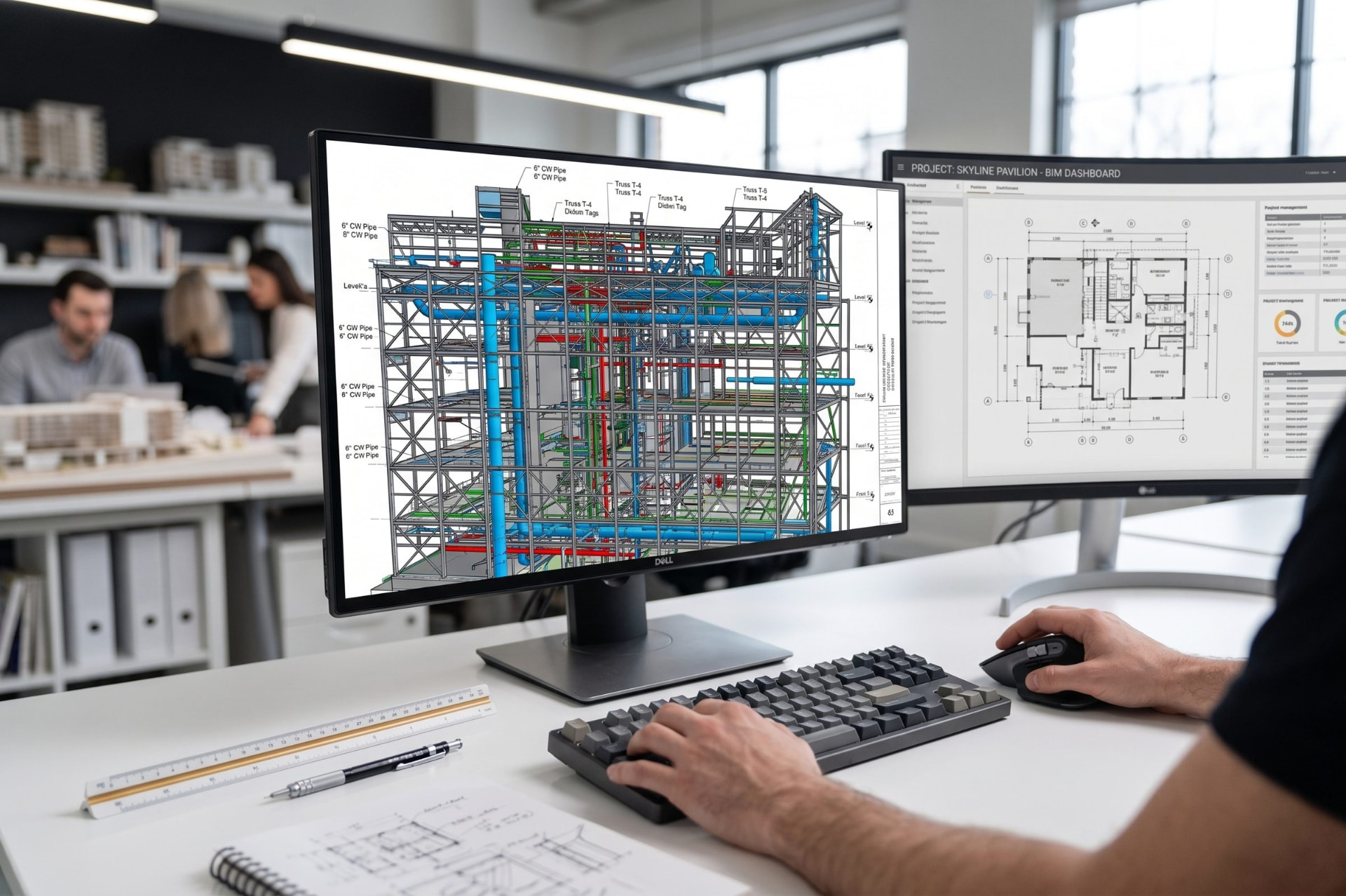 MEP coordination model and BIM dashboard on screen