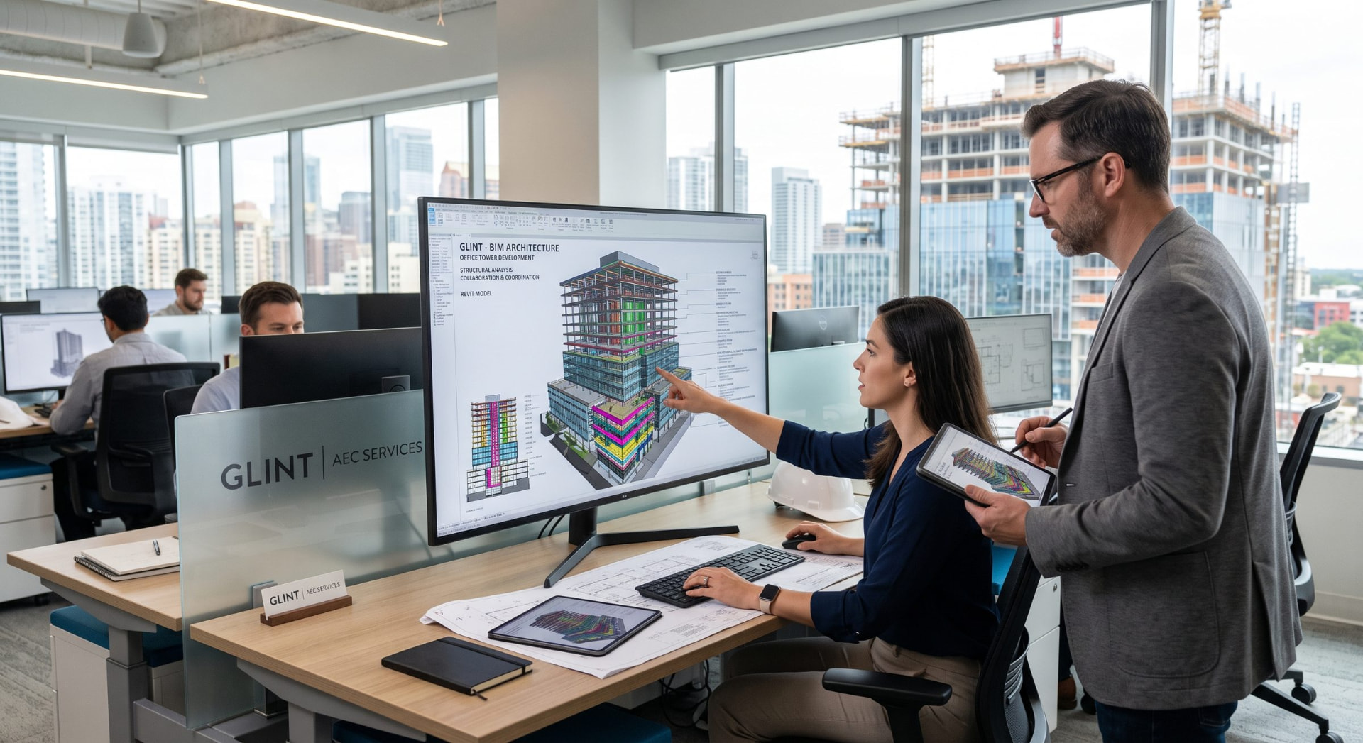 Glint specialists reviewing an office tower Revit model